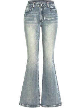 Women's Dusty Blue Denim Pull On Y2k Goth High Waist Mid Rise Bell Bottom Jeans